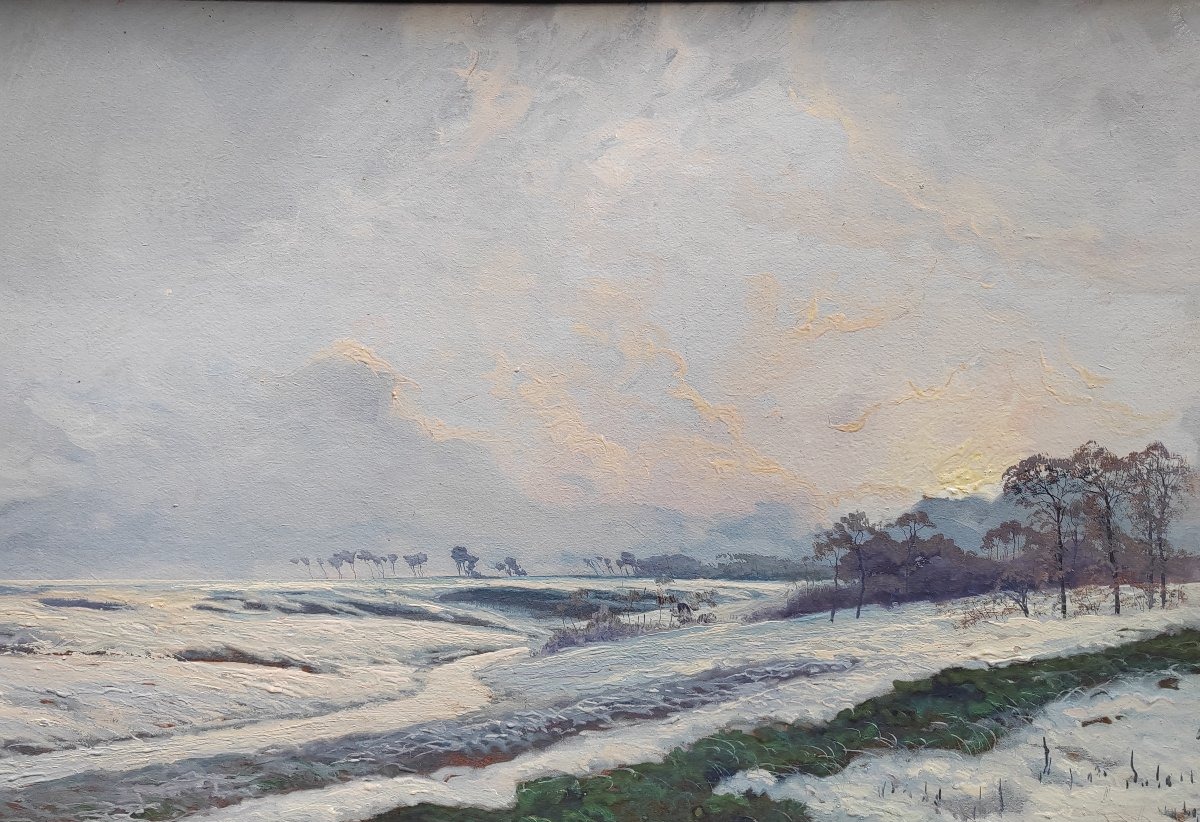 André Paul Leroux (1870-1950) environs de Fecamp sous la neige grande gouache
