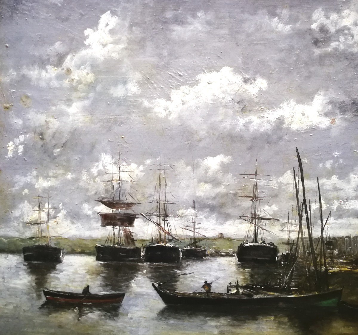 Charles François Pecrus (1826-1907) Animation In A Normand Marine Port 19th Pupil Of Boudin-photo-2
