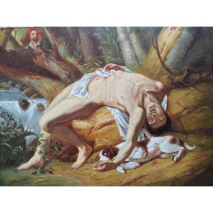 Large Painting Around 1830 The Wounded Man And His Dog French School