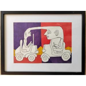 Yvon Taillandier Vehicles Felt On Paper And Envelope With Drawing 