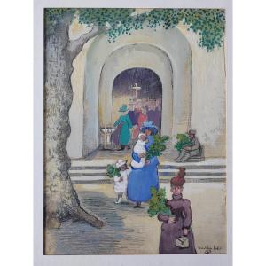 La sortie de la messe Madeleine Luka gouache La Rochelle
