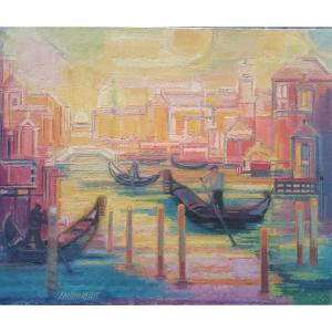 Cubist Venice, Large Painting By Maurice Faustino-lafetat 