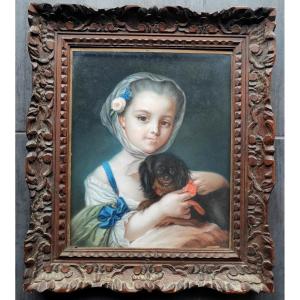 Portrait jeune fille et son petit chien école française 18 ème Louis XVI 
