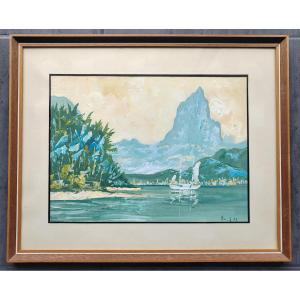 Tahiti Rui Juventin gouache Papeete 1973