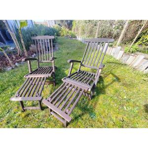 Paire chaises longues en bois fauteuils repose pieds en teck 1950 