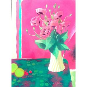 Yves Ganne Composition With Poppies Large Painting