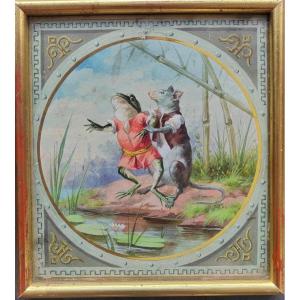 Gouache: 18th Fable, "the Frog And The Rat" By Jean De La Fontaine
