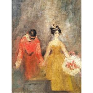 Pierre Laprade (1875-1931) Le Salut au public d'arlequin et Colombine Datée 1899