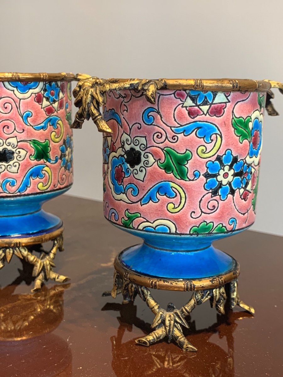 Pair Of Small 19th Longwy Pots.-photo-4
