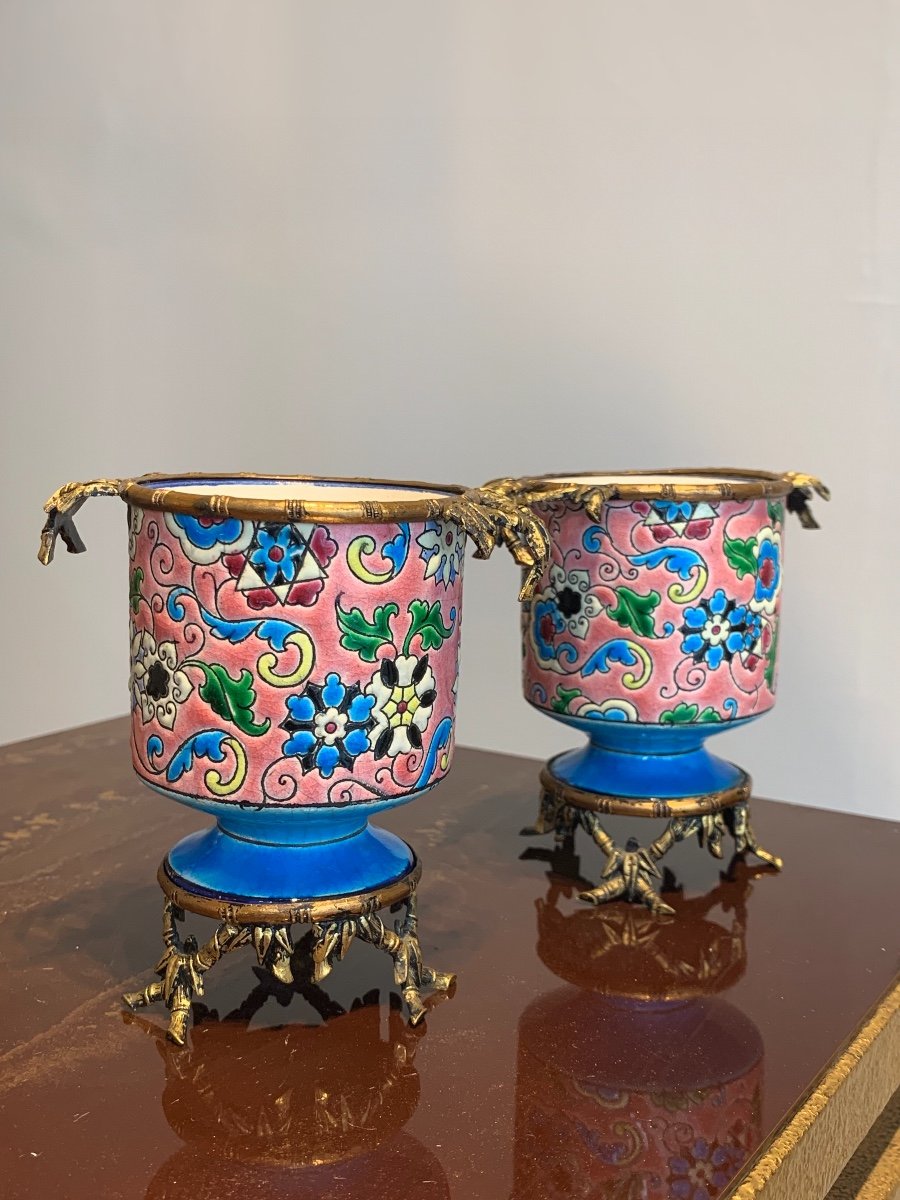 Pair Of Small 19th Longwy Pots.-photo-3