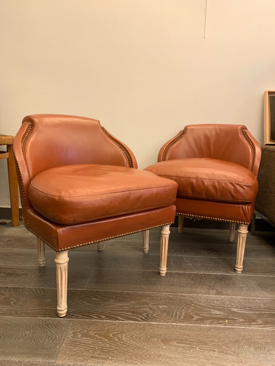 Pair Of Jansen Leather Fireside Chairs Circa 1960.