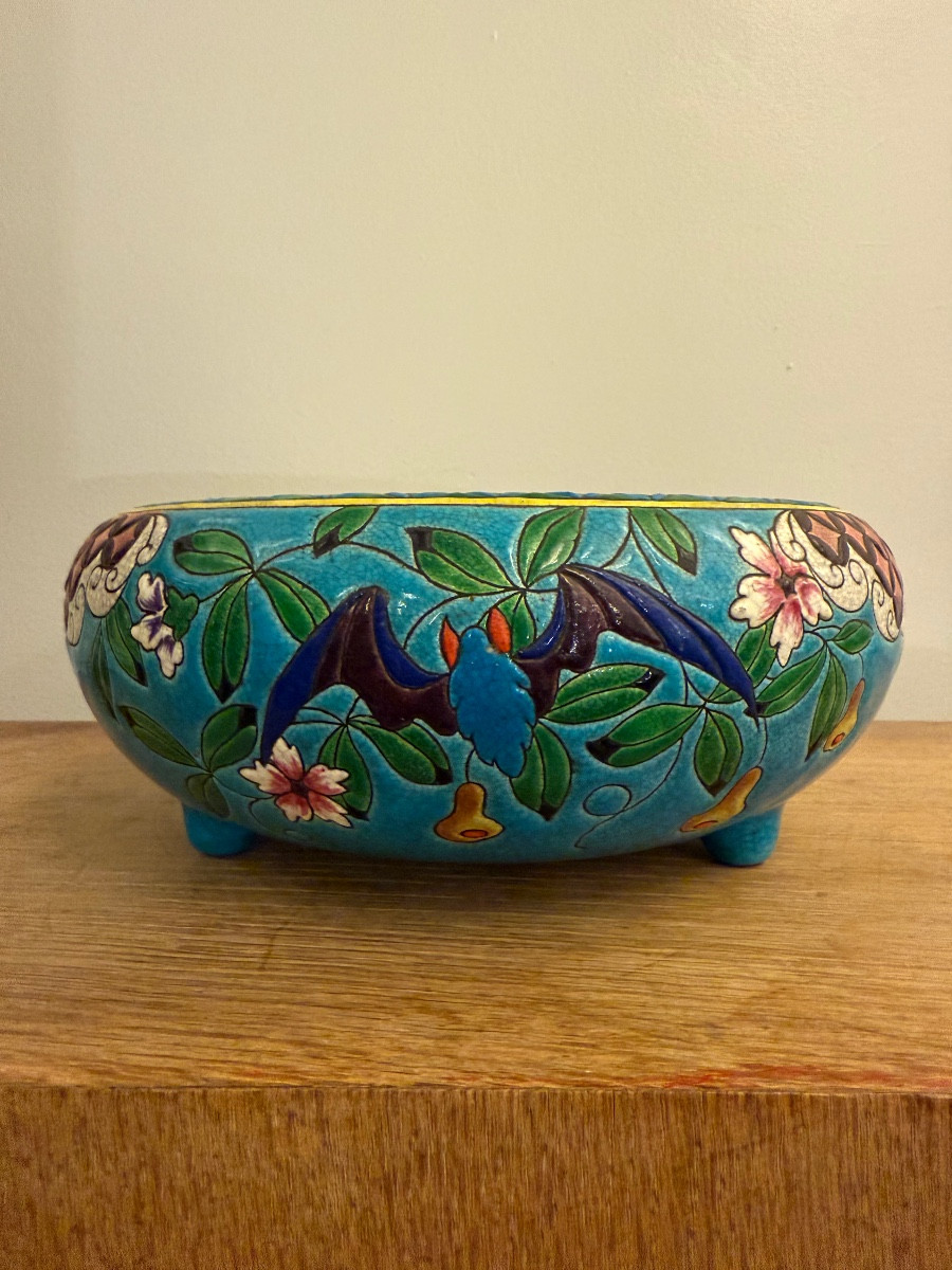 Longwy Cup With Bats And Gourds, Late 19th Century.
