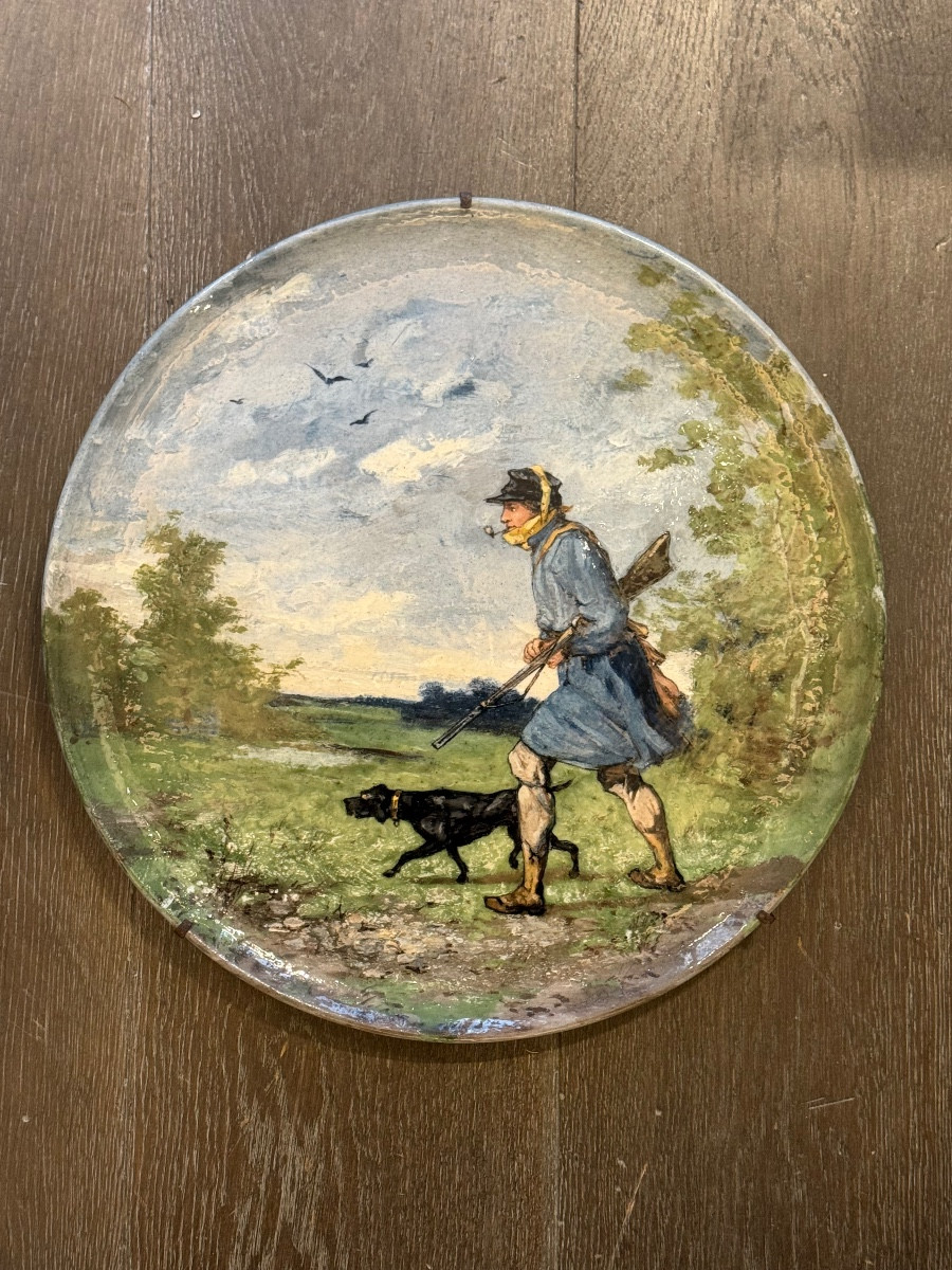 Plat barbotine chasseur signé Bourg la Reine 