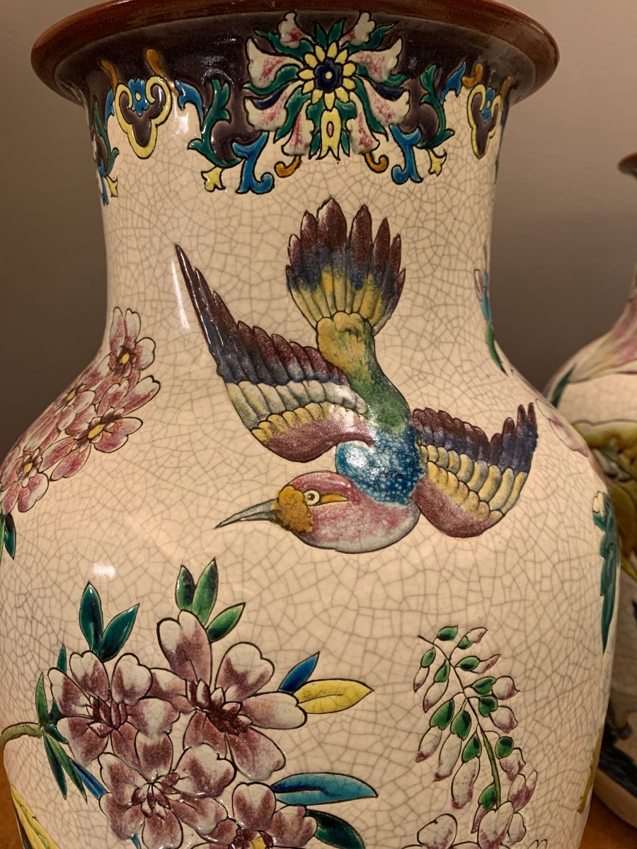  Pair Of Longwy XIXth Vases.-photo-2