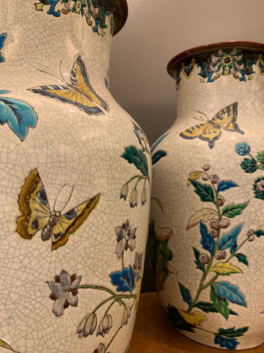  Pair Of Longwy XIXth Vases.-photo-2