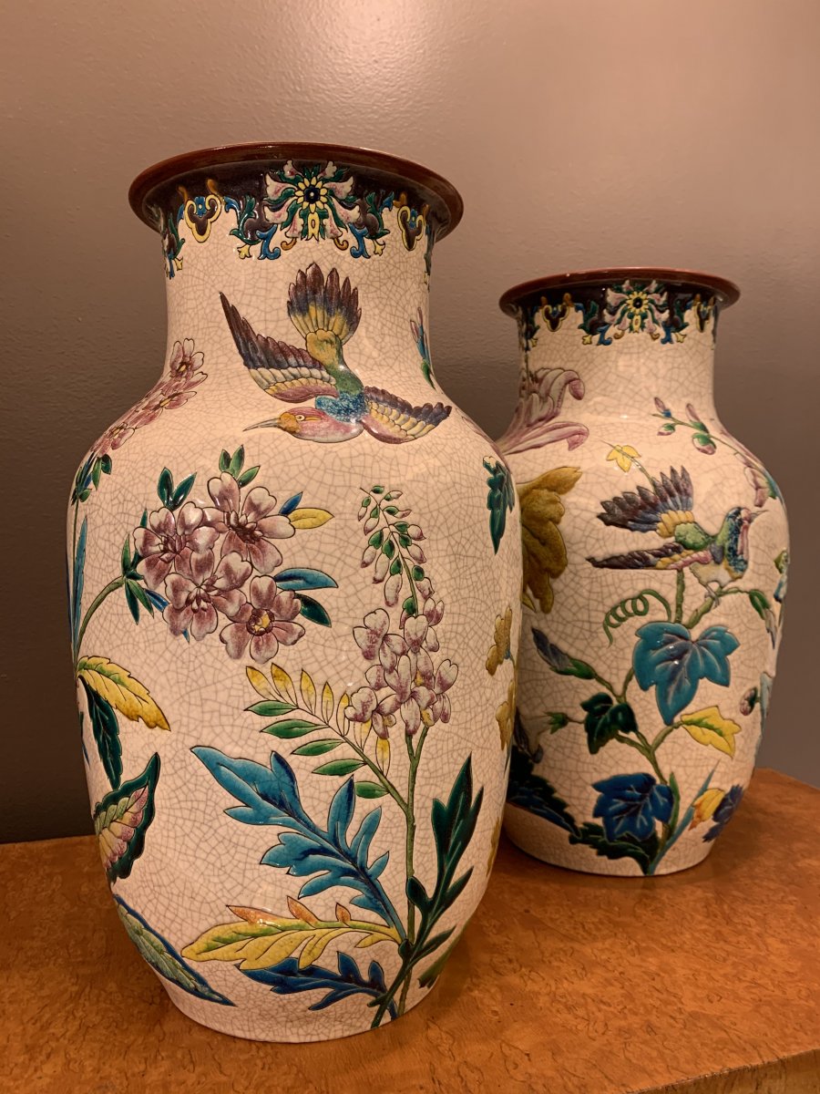 Exceptional Pair Of Longwy XIXth Vases.-photo-4