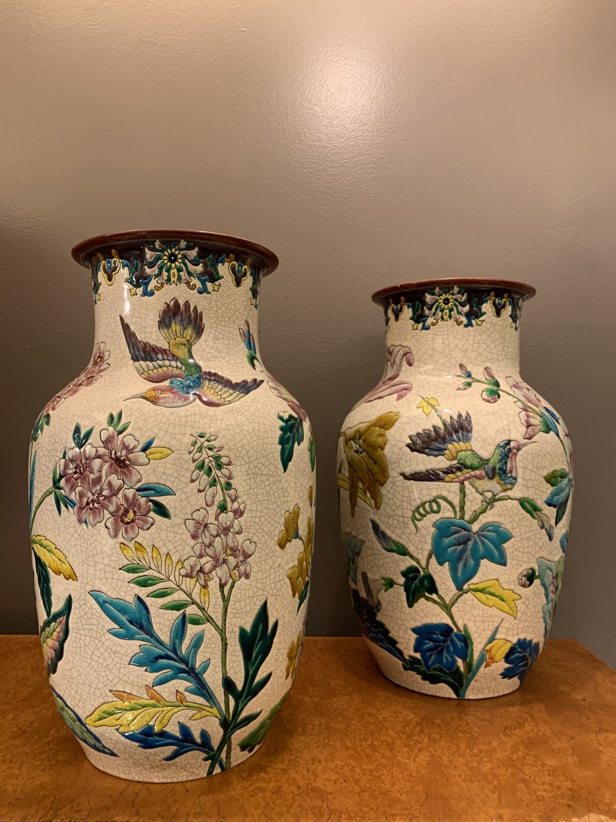 Exceptional Pair Of Longwy XIXth Vases.