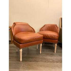 Pair Of Jansen Leather Fireside Chairs Circa 1960.