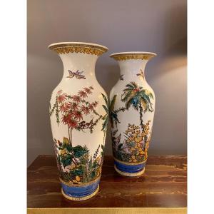 Paire De Grands Vases Gien Décor Exotique 1871.