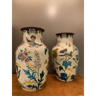 Exceptional Pair Of Longwy XIXth Vases.