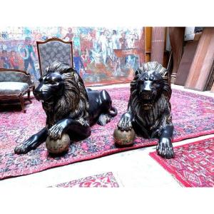 Pair Of Lions In Solid Bronze