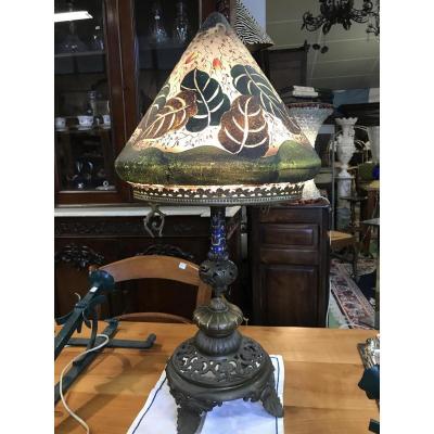 Lampe Bronze Cloisonné Et Verre Gravé