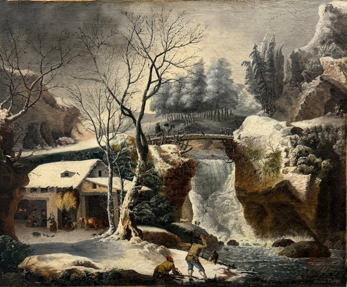 Paysage enneigé, avec des scènes de la vie quotidienne