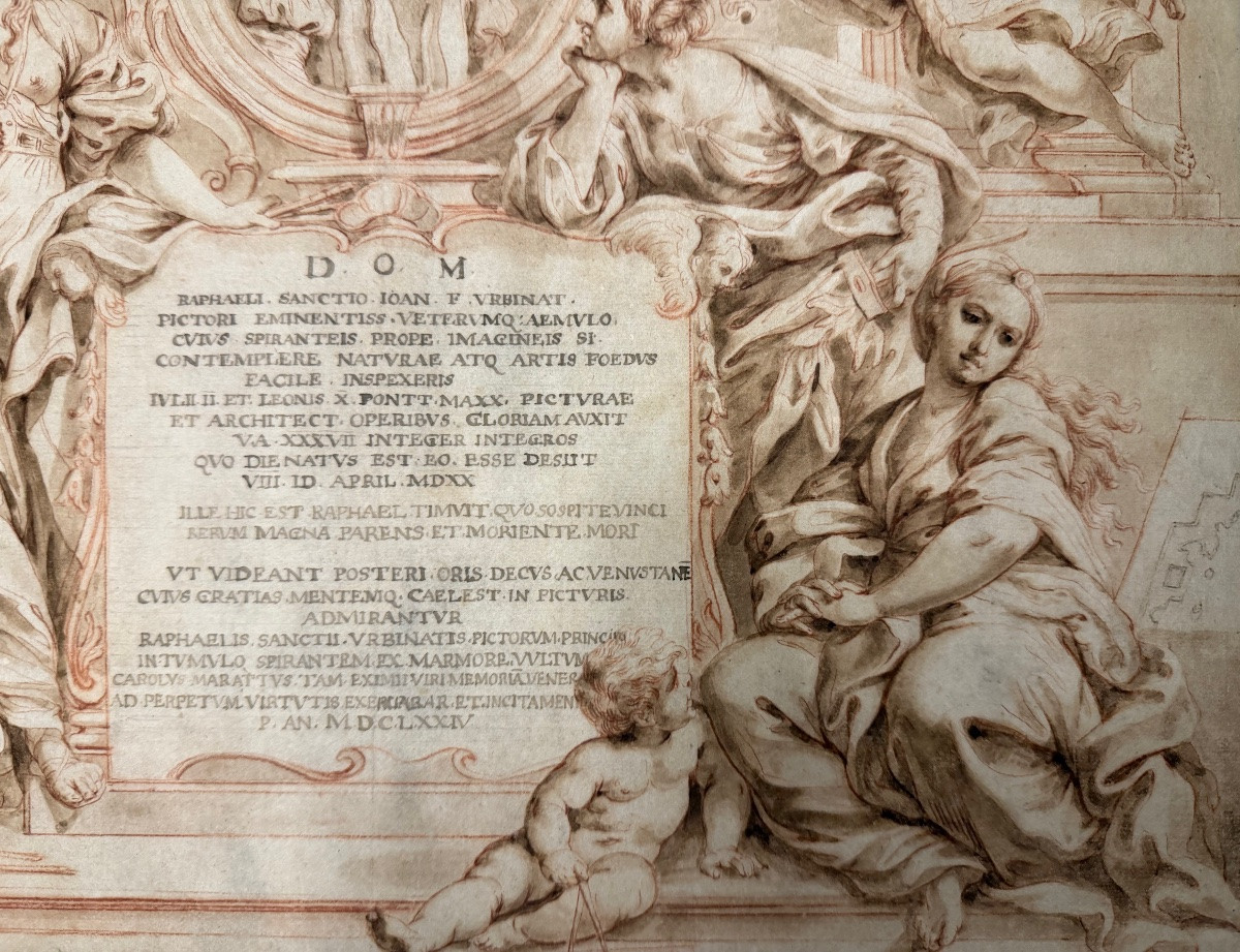 Frontispiece avec portrait ovale de Raphaël, avec trois figures allégoriques-photo-2
