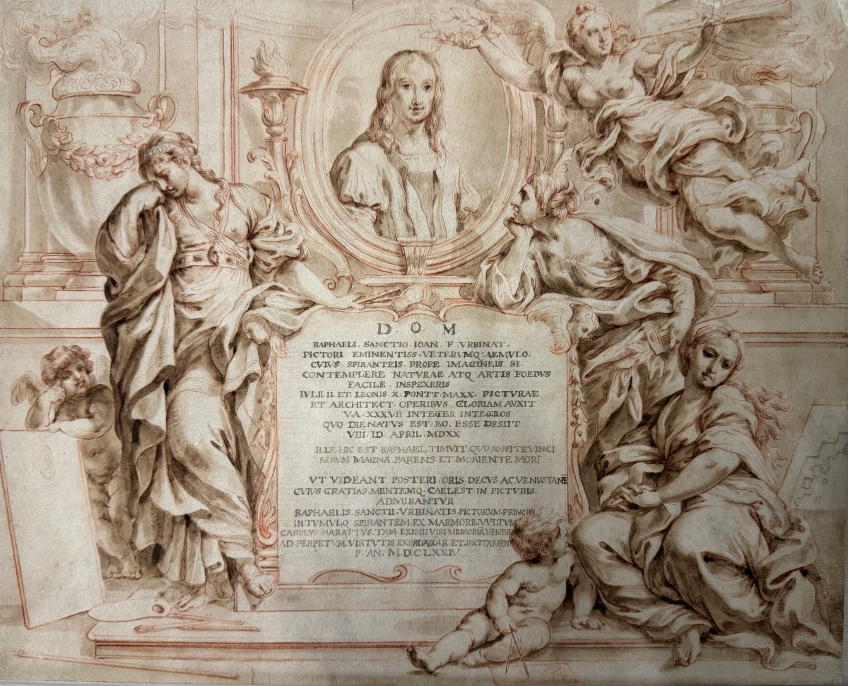 Frontispiece avec portrait ovale de Raphaël, avec trois figures allégoriques