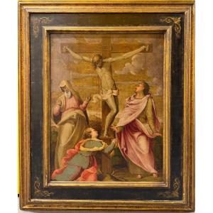 Huile antique sur panneau représentant la Crucifixion