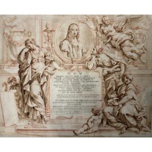 Frontispiece avec portrait ovale de Raphaël, avec trois figures allégoriques