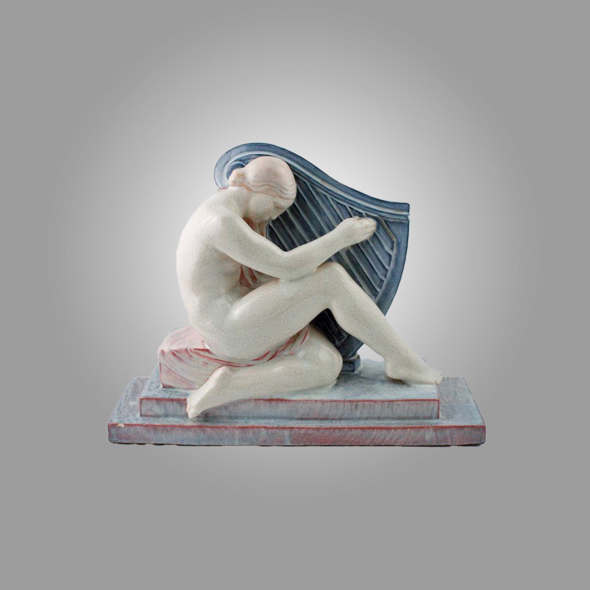 Fau & Renard. "harpiste". Sculpture Art Déco En Faïence émaillée. Années 20.