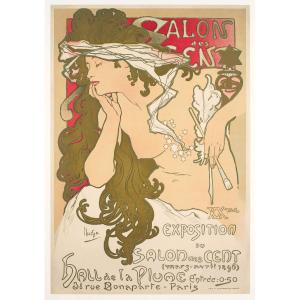 Affiche Originale, Alphonse Mucha, Salon Des Cent, La Plume, Exposition, Paris, 1896