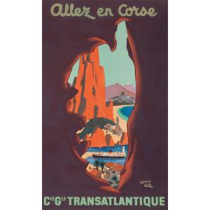 Affiche Originale, Collin, Cie Gle Transatlantique, Corse, Mediterranée, Ile, France, Cgt, 1950