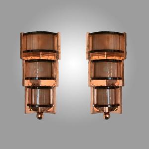 Pair Of Art Deco Corner Sconces In Copper And Sandblasted Glass. 1930s.