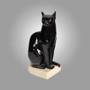 Beauvais Gabriel For Kaza. Art Deco Sculpture Of A Cat In Glazed Ceramic. Around 1930.