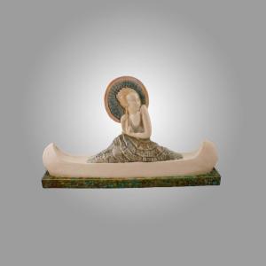 Simard Marie-louise.  “canotage”. Sculpture Art Déco. Faïence émaillée Polychrome.  Vers 1930.