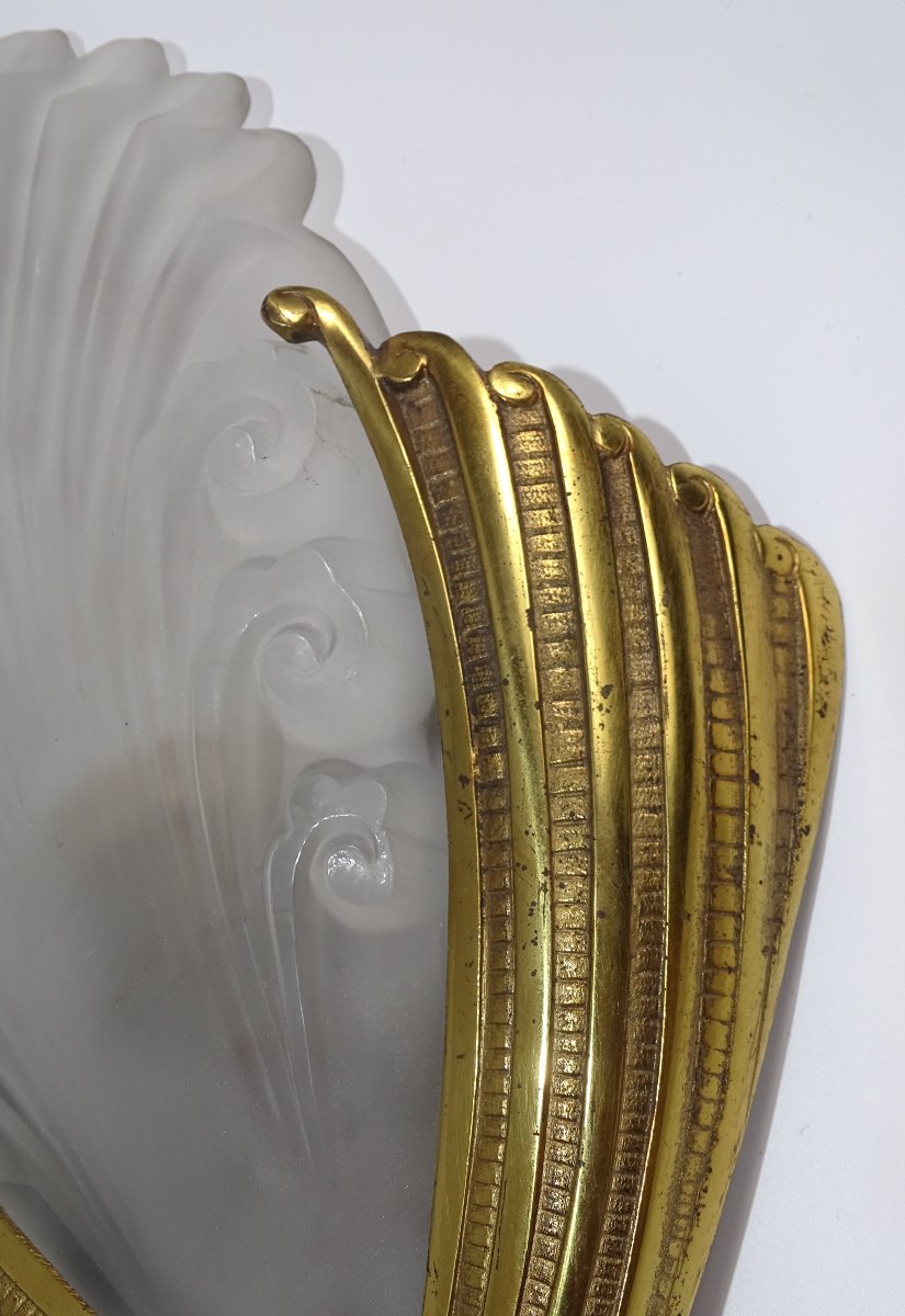 Applique Art Déco En Verre Pressé Et Bronze Doré, Muller, Schneider ??-photo-1