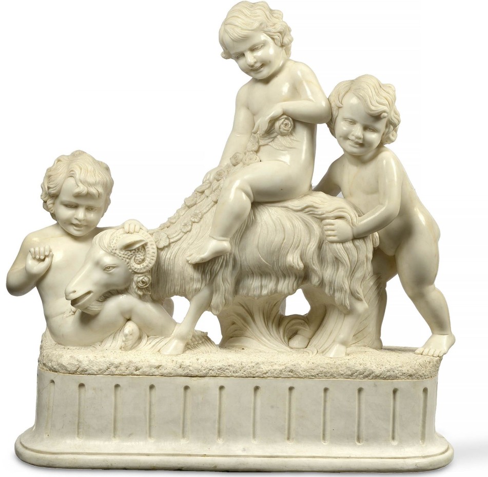 Important Group Of "putti Riding A Goat" Carrara Marble. Signed Clodion (after) 20th Century