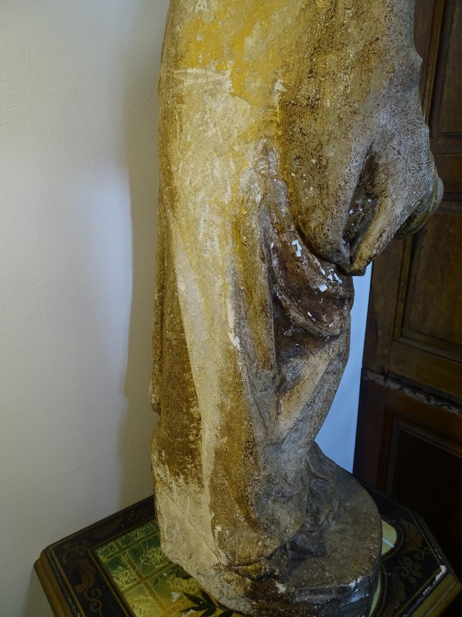 Grande Statue De La Vierge à l'Enfant En Pierre d'époque XVII ème, 81 Cm-photo-6