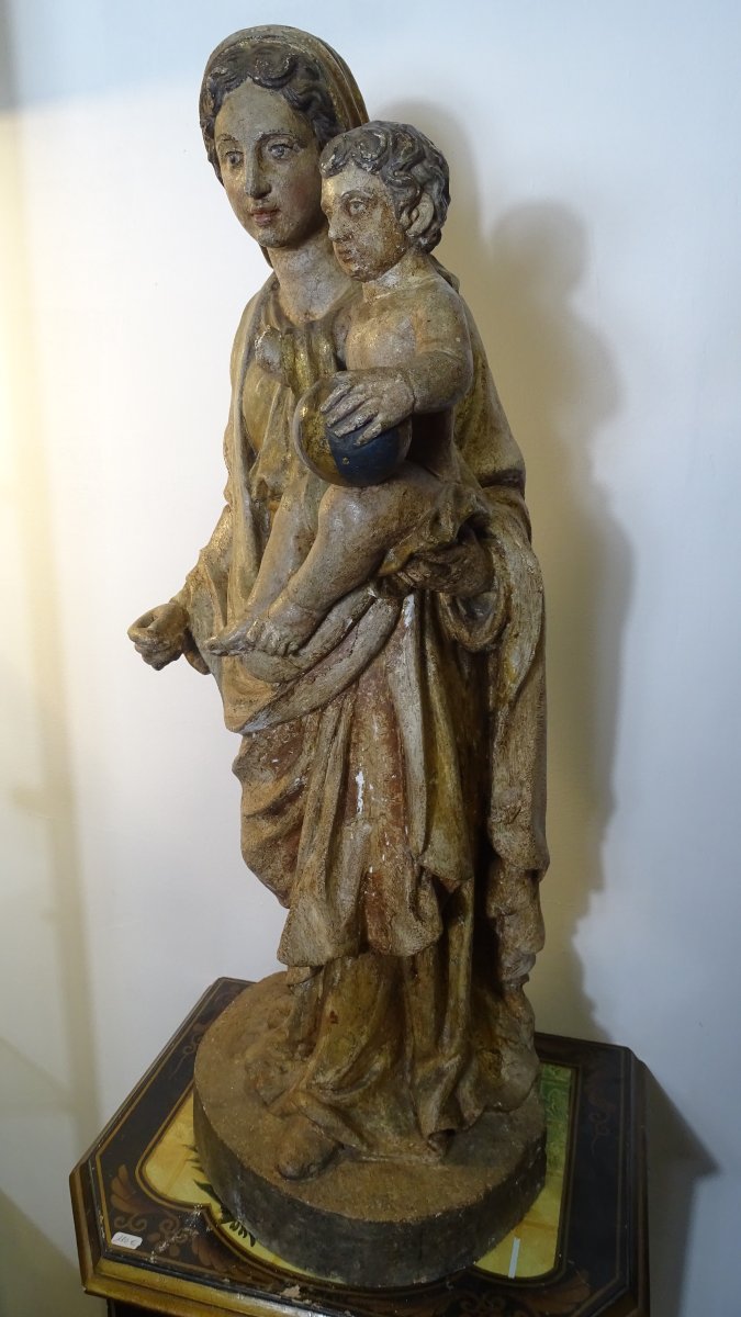 Grande Statue De La Vierge à l'Enfant En Pierre d'époque XVII ème, 81 Cm-photo-8