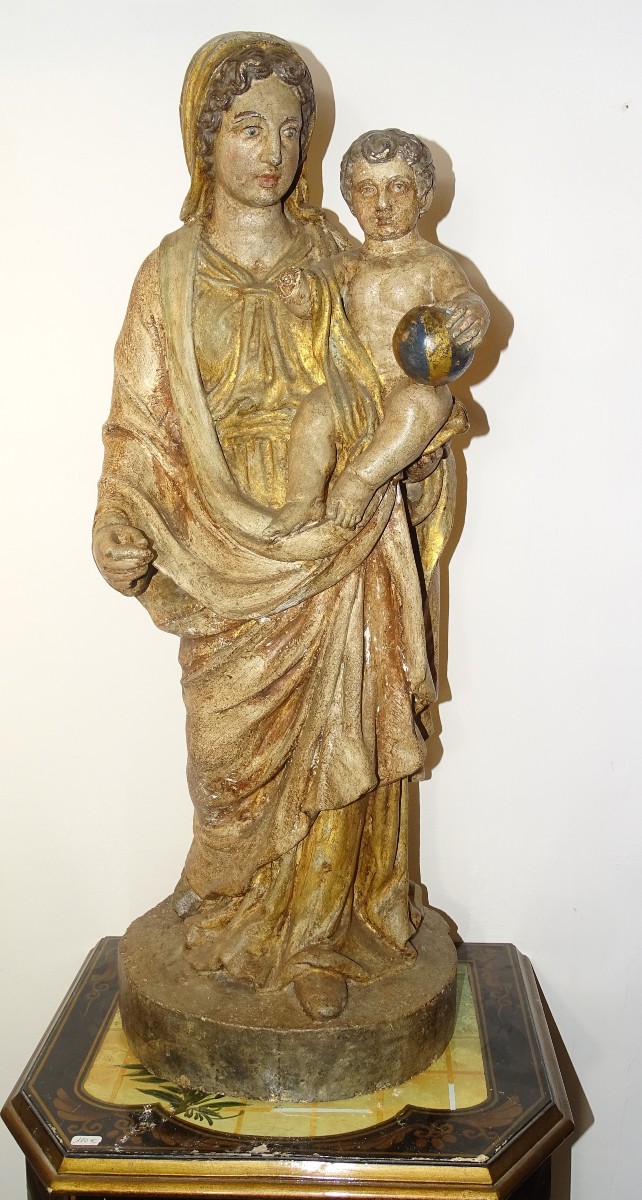 Grande Statue De La Vierge à l'Enfant En Pierre d'époque XVII ème, 81 Cm