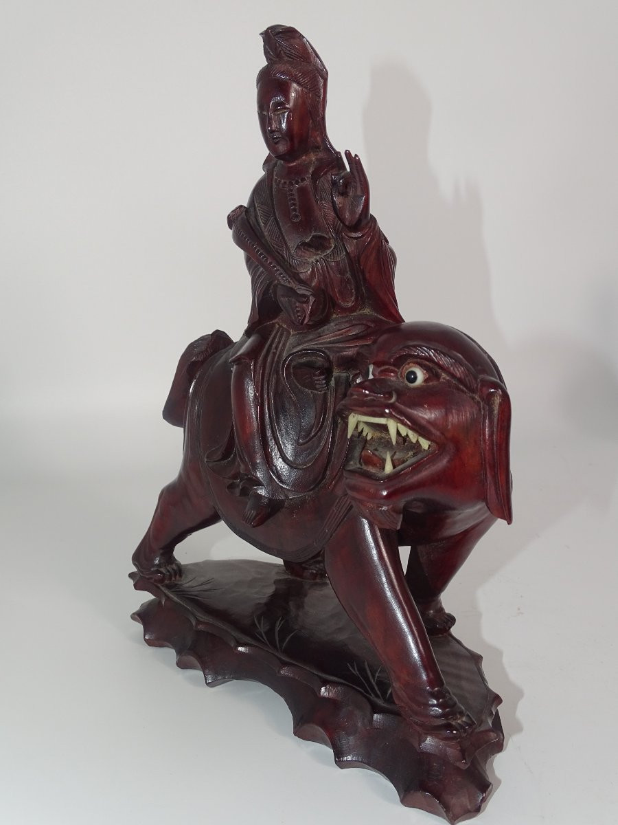 Pair Of Guanyin Riding A Fo Dog, Glass Eye And Bone Tooth, Late 19th Century-photo-4