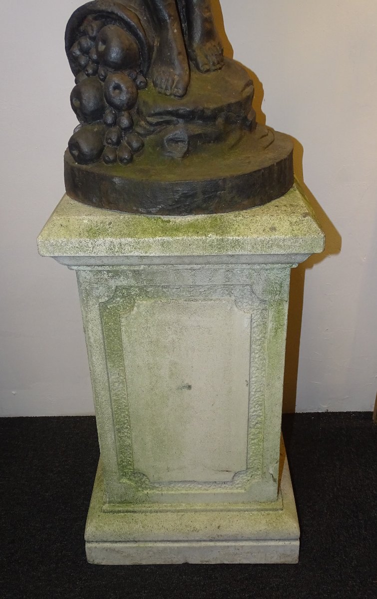 Putti Or Angel Statue With Butterfly, Cast Iron With Stone Base-photo-2