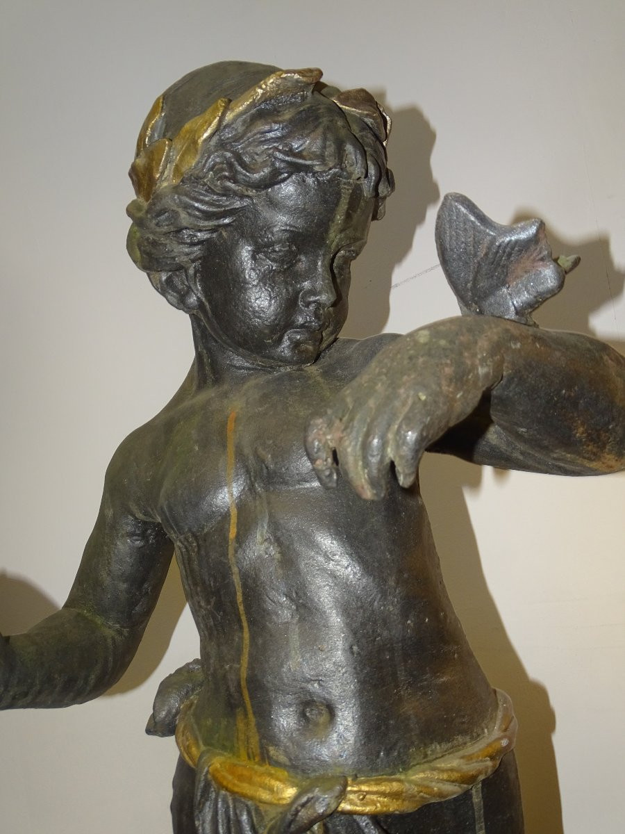 Putti Or Angel Statue With Butterfly, Cast Iron With Stone Base-photo-3