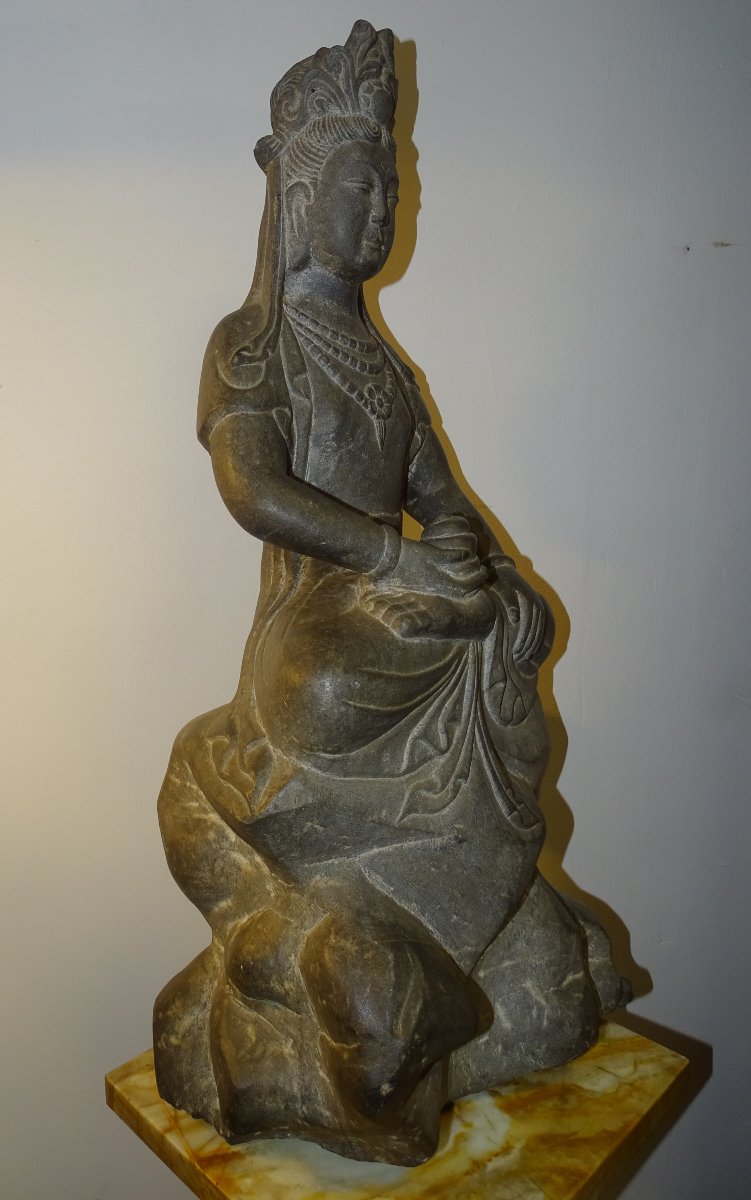 Guanyin In Chinese Blue Stone, 18th Century-photo-4