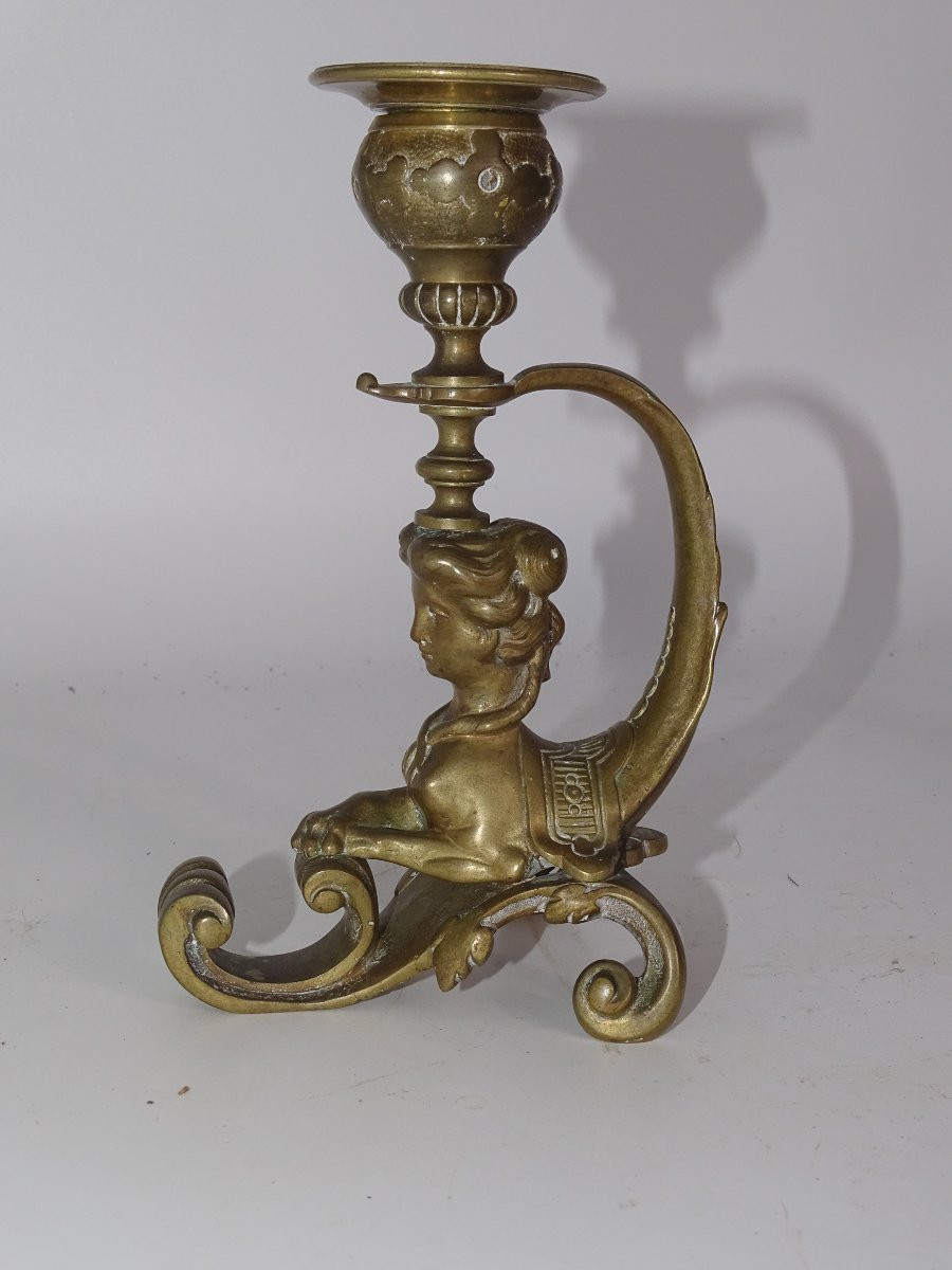 Pair Of Bronze Candlesticks Decorated With A Lion Woman, 19th Century-photo-2