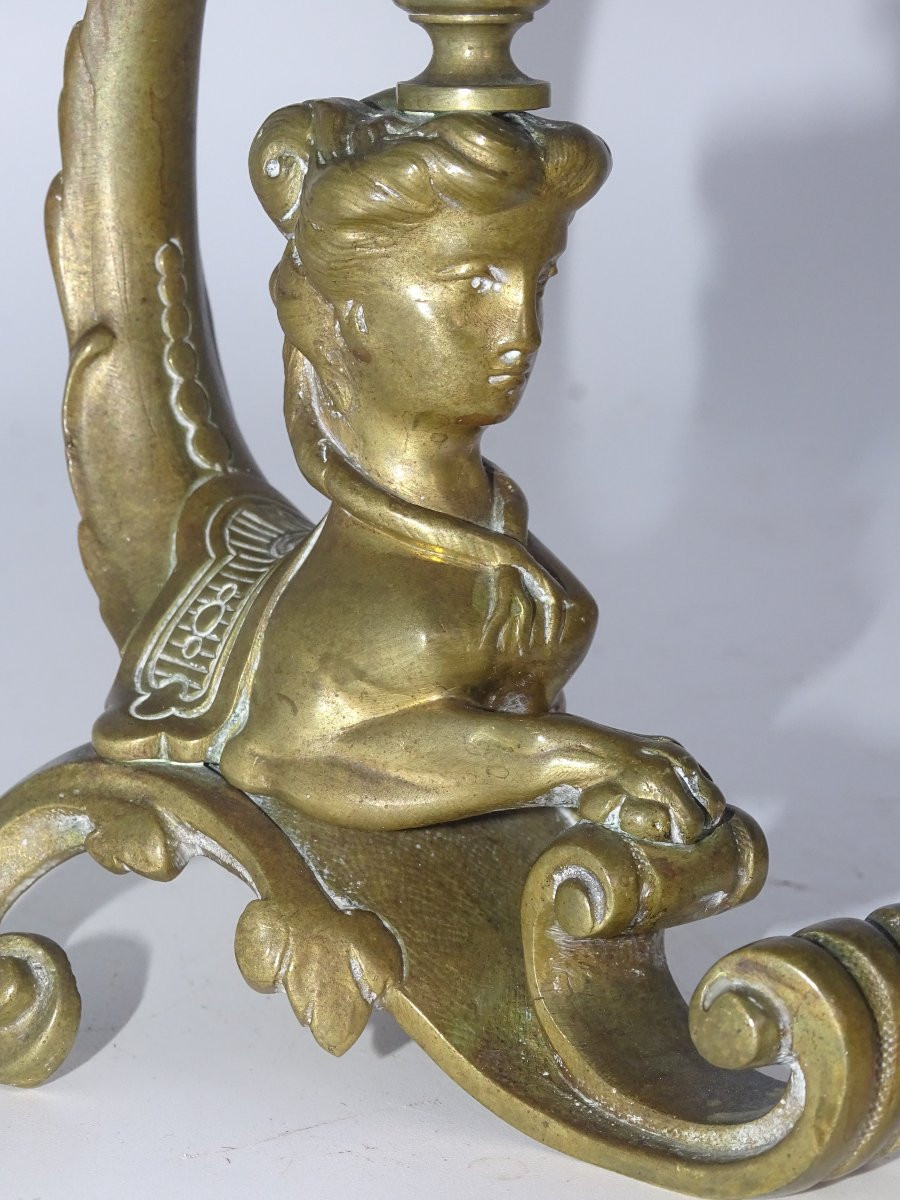 Pair Of Bronze Candlesticks Decorated With A Lion Woman, 19th Century-photo-4