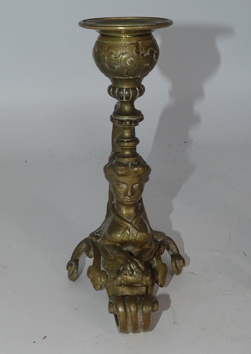 Pair Of Bronze Candlesticks Decorated With A Lion Woman, 19th Century-photo-1