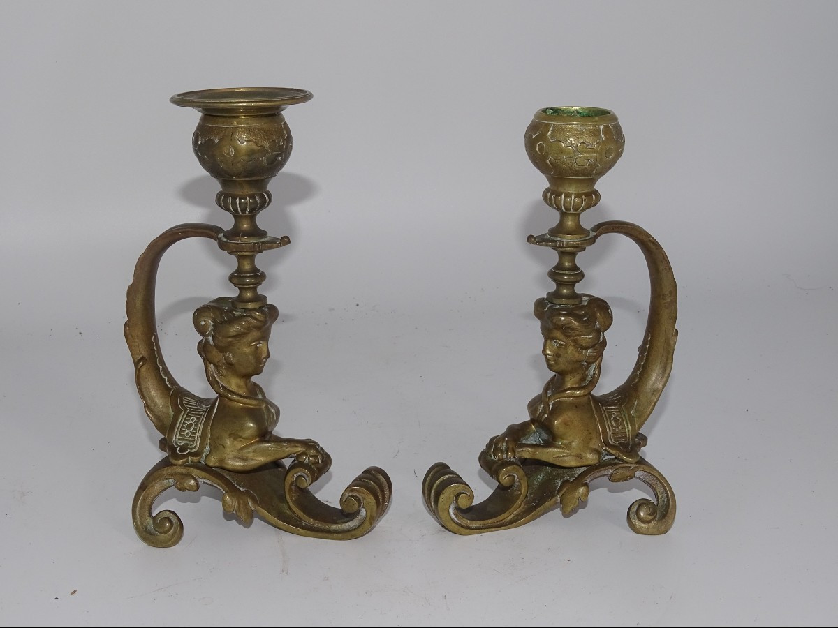 Pair Of Bronze Candlesticks Decorated With A Lion Woman, 19th Century